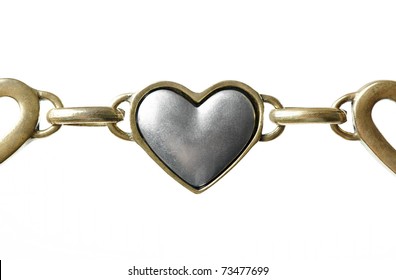 Metallic Heart Shape In Chain Isolated On White. Close-up.