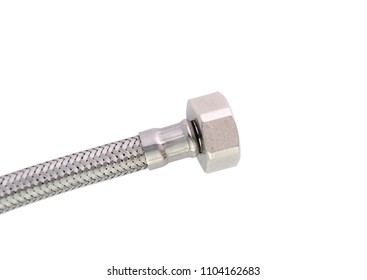 Metallic hose isolated on white background.Metal hoses for connecting water taps, flexible hose for plumbing in house. Isolated on white background. Straight and corner adapter. Hot and cold water.