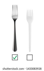 Metallic And Plastic Forks With Check Boxes. Obvious Choice Between Plastic And Metal Cutlery. Plastic Ban Ecological Concept. Isolated On White