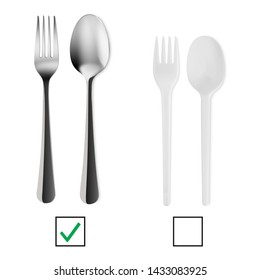 Metallic And Plastic Forks And Spoons With Check Boxes. Obvious Choice Between Plastic And Metal Cutlery. Plastic Ban Concept. Isolated On White