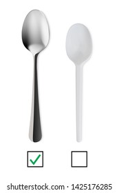 Metallic And Plastic Spoons With Check Boxes. Obvious Choice Between Plastic And Metal Cutlery. Plastic Ban Ecological Concept. Isolated On White