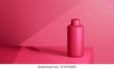 metallic Raspberry colored drinking bottle placed on a Raspberry table, placed in front of a Raspberry background, futuristic photo concept with bright colors.