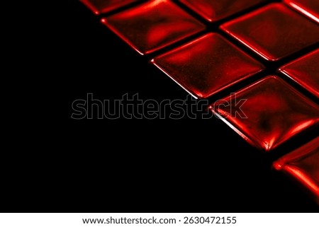 Metallic red mosaic tile pattern. Shiny square shape tiles background. Ceramic tile kitchen backsplash. Precious gemstones. 3d abstract metal cubic grid design. Crypto currency block chain concept bg