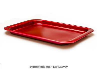 Metallic red tray isolated white background.