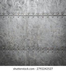 metallic riveted panel with weathered texture, featuring scratches and wear marks on a gray industrial background.