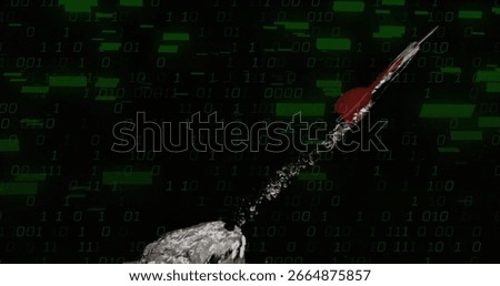 Metallic rocket launching in binary stream, with rocky surface, white trail, red sphere, copy space. Futuristic, technology, innovation, space exploration, digital, sci-fi, abstract