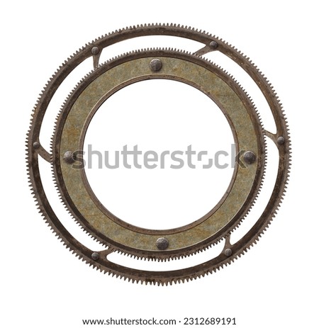 Metallic round frame with vintage metal details, gear and retro rivets. Isolated on white background. Mock up template. Copy space for text. Can be used for steampunk and mechanical design
