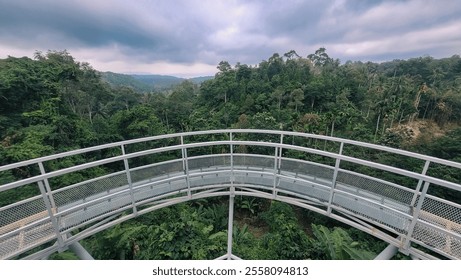 The metallic structure of the bridge contrasts beautifully with the natural surroundings, creating a serene and picturesque atmosphere, perfect for eco-tourism and nature exploration. - Powered by Shutterstock