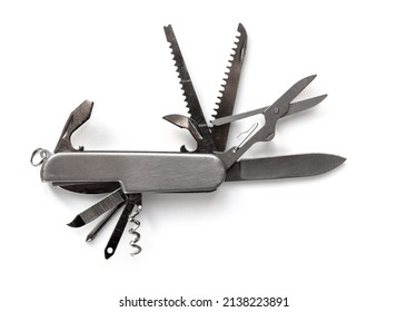 Metallic Swiss Knife Isolated On White Background