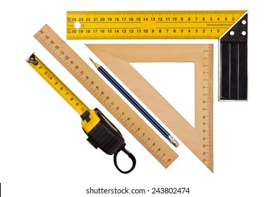 Metallic Tool To Measure Right Angle, Triangle And Wooden Ruler, Pencil And Tape Measure On A White Background