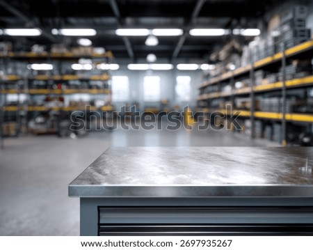 Metallic tools and components on a workbench in a bright industrial workshop.