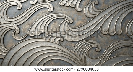 metallic wave pattern featuring intricate swirls and embossed texture, with flowing curves and artistic design.