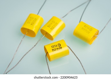 Metallized Polyester Film Capacitors, Used In Electronic Device. Electronic Parts Concept.