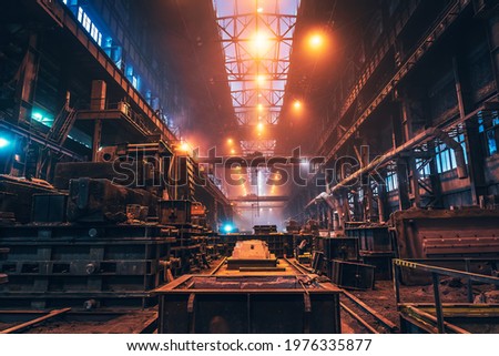 Metallurgical plant. Industrial steel production. Interior of metallurgical workshop inside. Steel mill factory. Heavy industry foundry