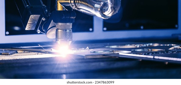 Metallurgy milling plasma cutting of metal CNC Laser engraving. Concept background modern industrial technology banner, blue toning.