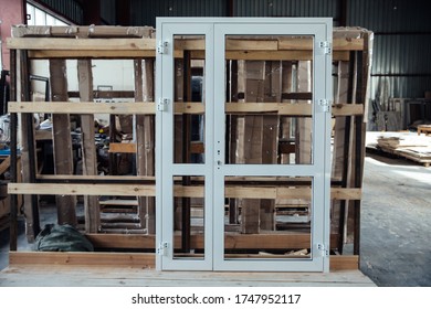 metal-plastic door frame on factory