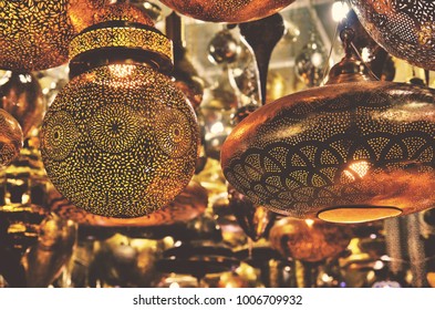 Metalwork Lampshades Hanging Outside A Shop In A Marrakesh Souk