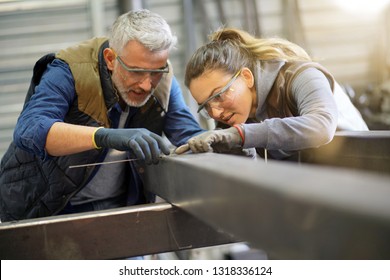 Metalworker with apprentice in workshop
