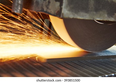 Metalworking Industry. Finishing Metal Surface On Horizontal Grinder Machine 