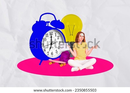 Metaphor collage picture of mini unsatisfied girl sad sticker forehead hold notepad pen big light bulb bell ring clock isolated on paper background