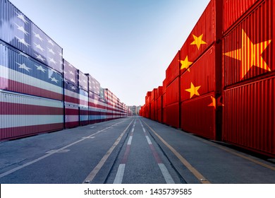 Metaphor image of United States of America and China trade war tariffs as two opposing container cargo and airplane over the port as an economic taxation dispute over import and exports concept - Shutterstock ID 1435739585