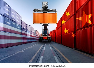 Metaphor Image Of United States Of America And China Trade War Tariffs As Two Opposing Container Cargo And Forklift In The Port As An Economic Taxation Dispute Over Import And Exports Concept 