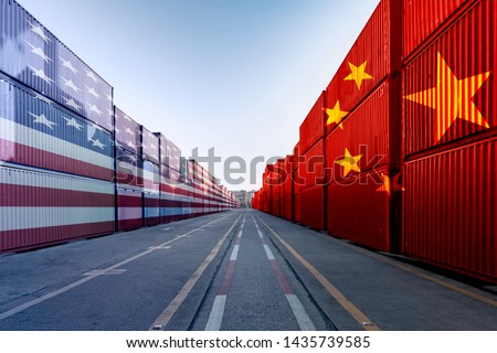 Metaphor image of United States of America and China trade war tariffs as two opposing container cargo and airplane over the port as an economic taxation dispute over import and exports concept Stock photo © 