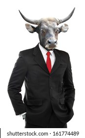 Metaphore Of Strong Businessman With Cow Head Isolated On White Background