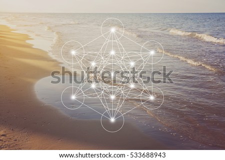 Metatron cube with the Adriatic sea coast at golden romantic sunset time
