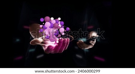 Metaverse, 3d and Blockchain Technology Concepts. Opened Hand Levitating Virtual Objects. Purple Futuristic Tone