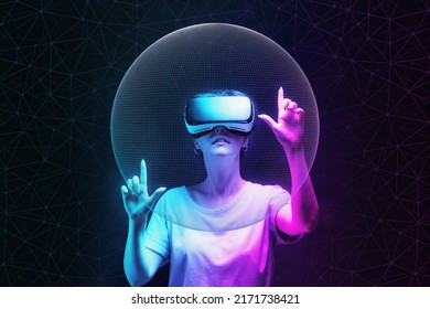 Metaverse and 3D simulation. Portrait of young woman in VR glasses creates mesh sphere. Dark background with neon abstracts. The concept of virtual reality and futurism.
