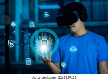 Metaverse and ai machine learning technology concept. Man in blue t shirt wearing vr headset watching and connecting to world virtual data and entertainment on blurred building background.