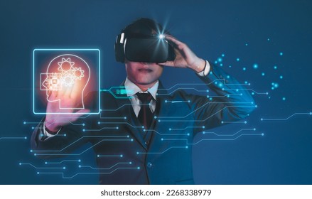 Metaverse and ai machine learning technology concept. Businessman wearing vr headset watching and connecting to world virtual data and entertainment on blue background.