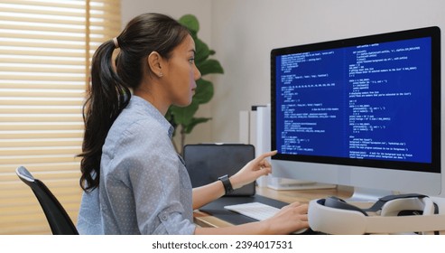 Metaverse app STEM platform developer future skill job workforce for asia people young woman work at home office wear VR headset typing test game on AI IT cyber security cloud computing web solution.