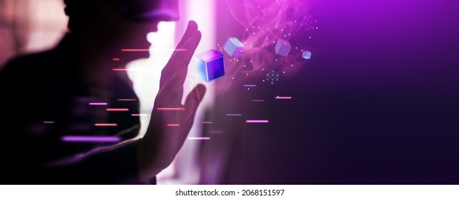 Metaverse and Blockchain Technology Concepts. Person Enjoying an Experiences of Metaverse Virtual World. Futuristic Tone