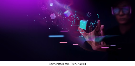 Metaverse and Blockchain Technology Concepts. Person with Glasses try to Touching Object for Experiences of Metaverse Virtual World. Futuristic Tone