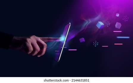 Metaverse and Blockchain Technology Concepts. Person with an Experiences of Metaverse Virtual World via Smart Phone. Futuristic Tone. Conceptual Photo - Shutterstock ID 2144631851