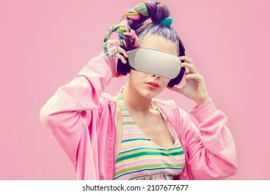 Metaverse and blockchain tehnology concept with gen z girl enjoying metaverse virtual world experience - Shutterstock ID 2107677677