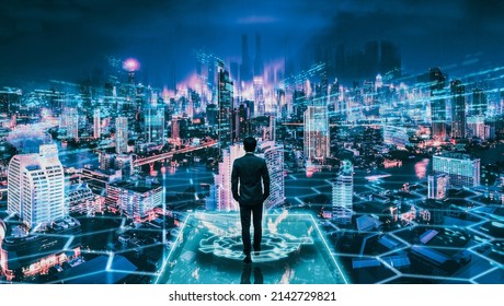 Metaverse crypto currency technology concept, Professional business man with blockchain network on futuristic city at night background in Bangkok, Thailand - Shutterstock ID 2142729821