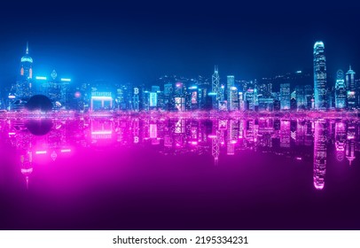 Metaverse crypto currency technology concept, Futuristic network neon city at night background in Hong Kong - Shutterstock ID 2195334231
