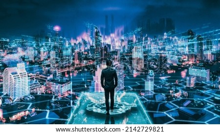 Metaverse crypto currency technology concept, Professional business man with blockchain network on futuristic city at night background in Bangkok, Thailand