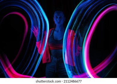Metaverse digital Avatar, Metaverse Presence, digital technology, cyber world, virtual reality, futuristic lifestyle. Woman in augmented reality, NFT game with neon blur lines