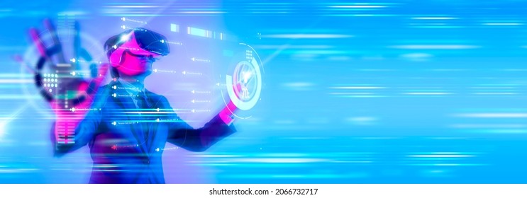 Metaverse digital cyber world technology, man with virtual reality VR goggle playing AR augmented reality game and entertainment, futuristic lifestyle - Shutterstock ID 2066732717