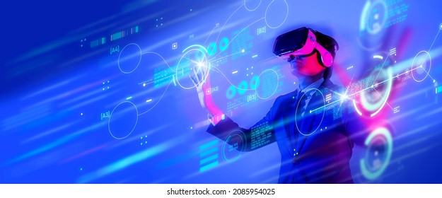 Metaverse digital cyber world technology, man with virtual reality VR goggle playing AR augmented reality game entertainment and business meeting conference, futuristic lifestyle