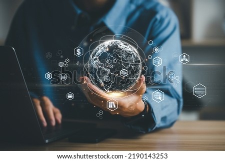 Metaverse and Future digital technology.Businessman hand holding virtual Global Internet connection metaverse with global internet connection application technology and digital marketing.Big data