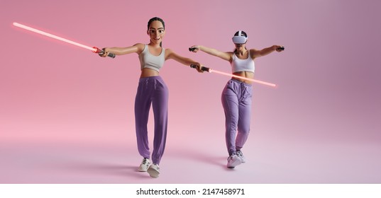Metaverse games with lightsabers. Happy young woman playing a virtual reality video game as a 3D avatar. Cheerful young woman having fun while wearing a virtual reality headset. - Shutterstock ID 2147458971