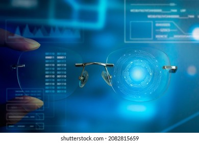 metaverse in hand holding glasses looking at technology, innovative glasses goggles on camera in futuristic neon light, Simulate the use of technology, virtual world, circuit board
