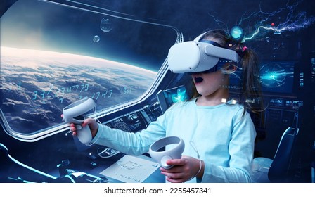 Metaverse and kid concept, child using virtual reality headset in space adventure game. Little girl looking in futuristic VR glasses and having fun. Theme of technology, fantasy and playing people - Powered by Shutterstock