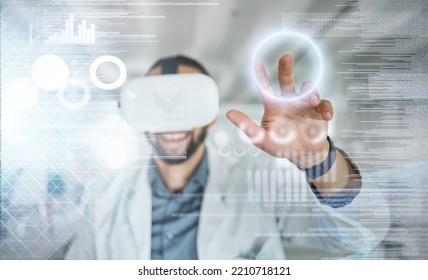 Metaverse, Overlay And Science Doctor In Virtual Reality Headset For Medical Research And Innovation On Vr Digital Screen. Healthcare Worker Working On Futuristic Biology, Dna And Rna Technology Data