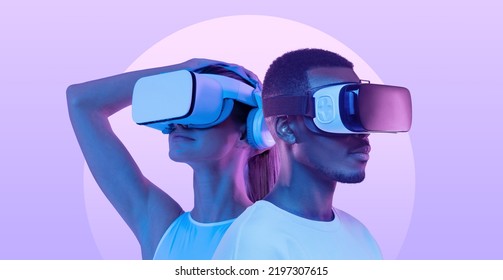 Metaverse people, banner of couple, man and woman wearing virtual reality headsets, exploring immersive VR world, playing ar online game together  - Powered by Shutterstock